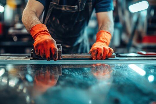 The glassworker slices a big panel of glass Glass shop Expert tools