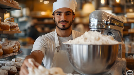 cheerful baker in a professional bakery smiles while preparing dough with a large industrial mixer, surrounded by fresh baked goods and ingredients.