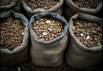 Obraz premium Bags of Raw Coffee Beans Ready for Roasting in a Coffee Production Facility Highlighting Natural Ingredients and Sustainable Farming Practices