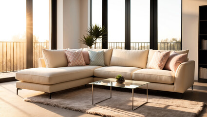 An elegant modern living room in the morning, featuring an L shaped fabric sofa in cream color with a mix of pastel and geometric patterned cushions. The room has large floor to ceiling windows.