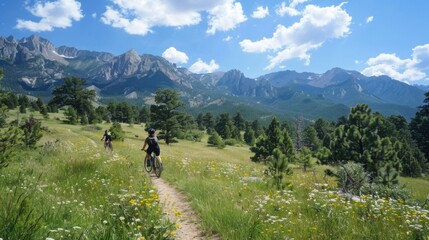Obraz premium Bicycle hiking travel in the mountains illustration generated by ai