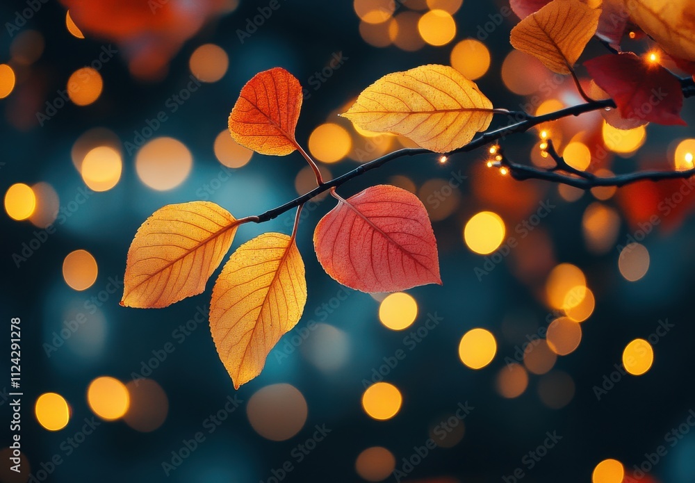 Poster beautiful autumn leaves on a branch with a soft bokeh background featuring warm orange and yellow to