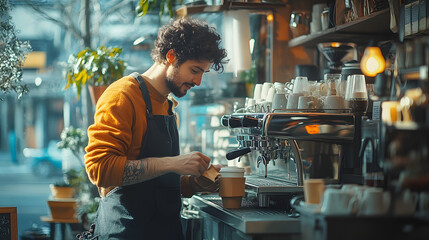 Fototapeta premium focused barista in an apron prepares a takeaway coffee cup in a cozy, well-lit café filled with mugs, plants, and brewing equipment