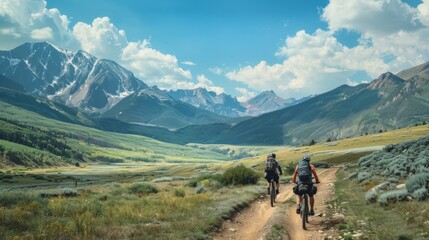 Bicycle hiking travel in the mountains illustration generated by ai