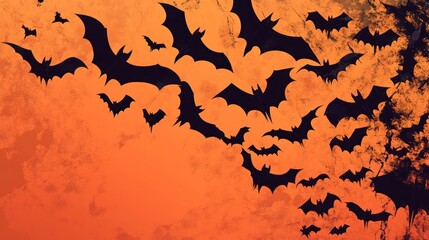 Halloween bats swarm orange sky.