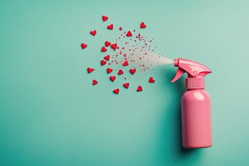 Minimalistic Pop Art: Vibrant Pink Spray Bottle with Floating Red Hearts