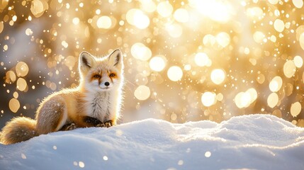 Fototapeta premium A cute arctic fox relaxes on a blanket of fresh snow, surrounded by delicate snowflakes. The sunlight glimmers, creating a magical atmosphere, perfect for this serene winter setting