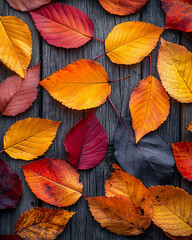 Obraz premium Colorful autumn leaves scattered on wooden surface create warm atmosphere