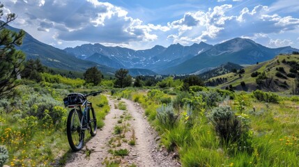 Bicycle hiking travel in the mountains illustration generated by ai