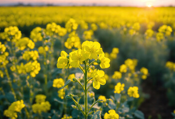 Field of yellow rapeseed flowers during a breathtaking spring sunrise