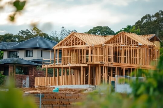 Timber framework of a suburban house under construction highlighting self build homes and the Australian housing market with incomplete carpentry