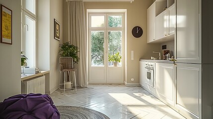 A small apartment, furniture in living area.