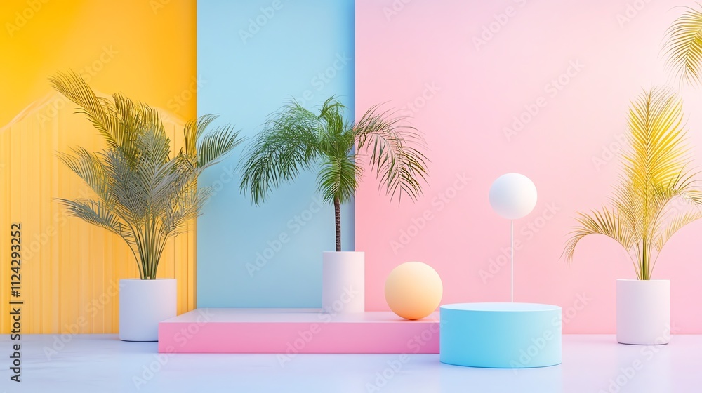 Poster a colorful modern studio with palm trees and geometric shapes.
