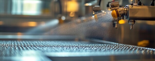 Automated sanitization system in action, spraying down kitchen equipment, ensuring industrial hygiene