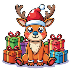 Adorable Christmas Reindeer with Santa Hat and Gifts - Festive Holiday Design