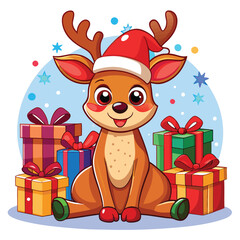 Adorable Christmas Reindeer with Santa Hat and Gifts - Festive Holiday Design