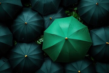 Top view of a green umbrella among others