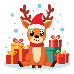 Adorable Christmas Reindeer with Santa Hat and Gifts - Festive Holiday Design"