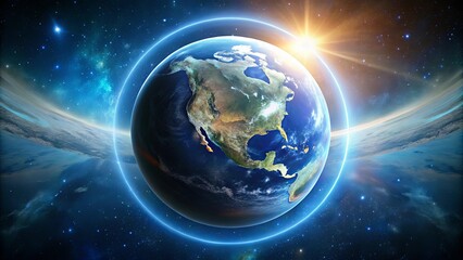 Fototapeta premium A radiant sunrise illuminates the Earth from space, showcasing the continents and oceans in breathtaking detail.
