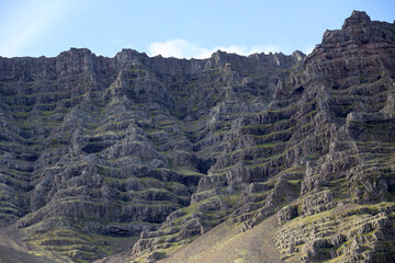 Mountain landscape along the coast road seen from route 1-Hringvegur