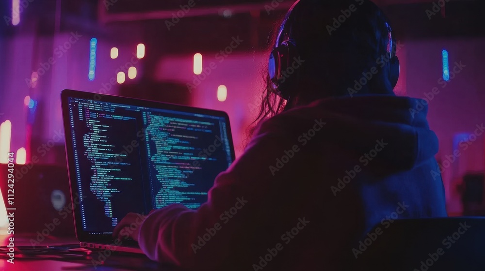 Poster coding in the neon glow: a tech enthusiast's getaway