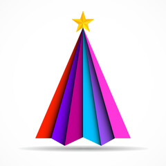 Christmas tree of paper with star isolated on white background. Merry Christmas and Happy New Year. Vector illustration