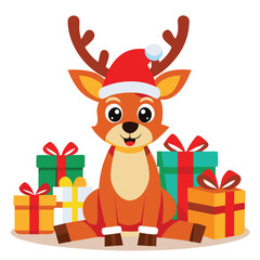 Adorable Christmas Reindeer with Santa Hat and Gifts - Festive Holiday Design