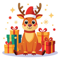 Adorable Christmas Reindeer with Santa Hat and Gifts - Festive Holiday Design