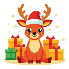 Adorable Christmas Reindeer with Santa Hat and Gifts - Festive Holiday Design"