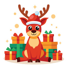 Adorable Christmas Reindeer with Santa Hat and Gifts - Festive Holiday Design
