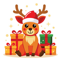 Adorable Christmas Reindeer with Santa Hat and Gifts - Festive Holiday Design"