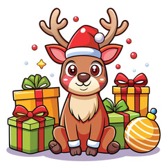Adorable Christmas Reindeer with Santa Hat and Gifts - Festive Holiday Design