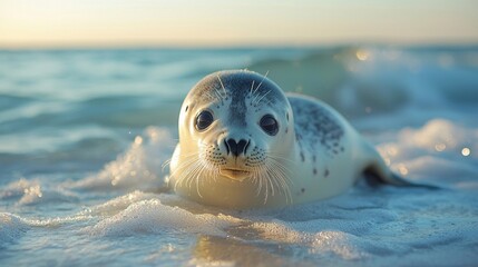 A young seal gracefully rests on the warm sand, playfully gazing at its surroundings. The Baltic Sea glimmers under the soft evening light, creating a serene atmosphere