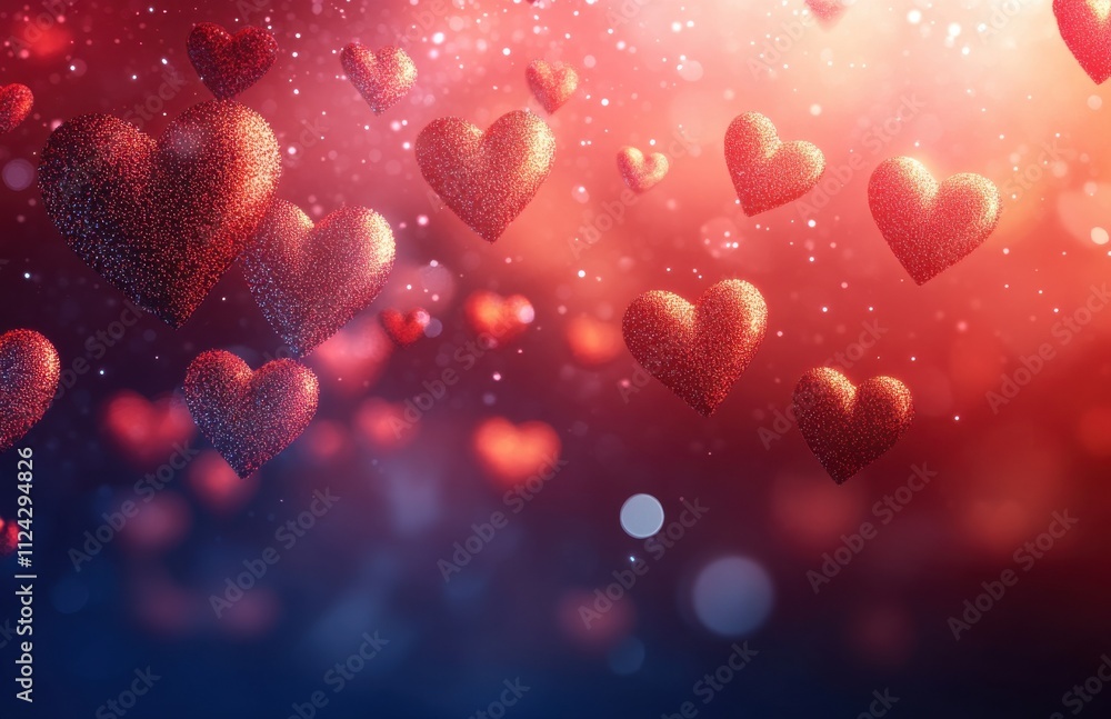 Poster beautiful red hearts floating in a dreamy background with sparkles and bokeh effects, perfect for ro
