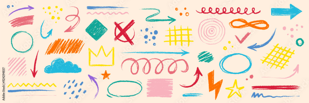 Aufkleber arrow brush line color paint element shape set. crayon abstract doodle color circle, arrow sketch ha