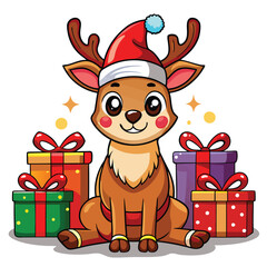 Adorable Christmas Reindeer with Santa Hat and Gifts - Festive Holiday Design