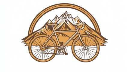 Fototapeta premium A bicycle illustration with mountain peaks behind it in a circle.