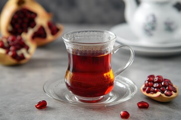 Turkish herbal tea made from pomegranate in a glass on a gray backdrop