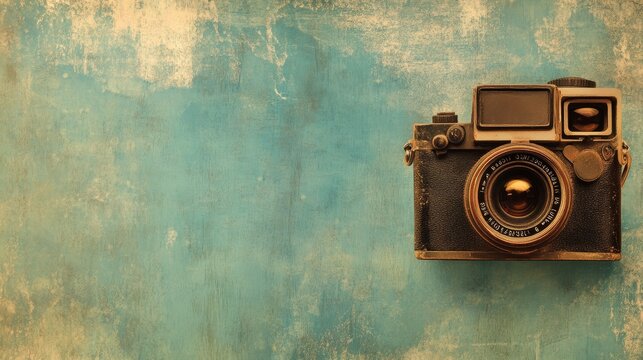Retro camera positioned on a textured background with blank space for headers or taglines.