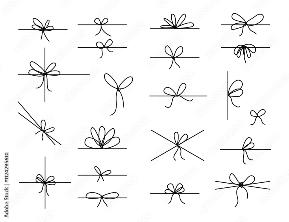 Aufkleber line bows on ribbon. bow on string set for box and decoration design. simple outline bowknot
