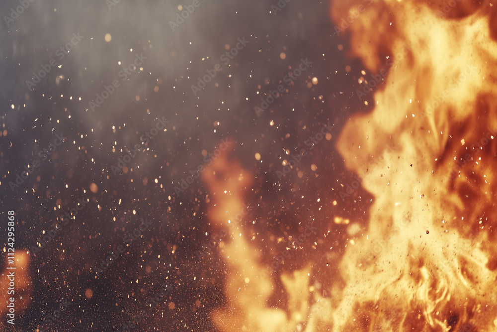 Poster bright flames dancing on a dark black background with sparks and ashes creating a dynamic visual exp