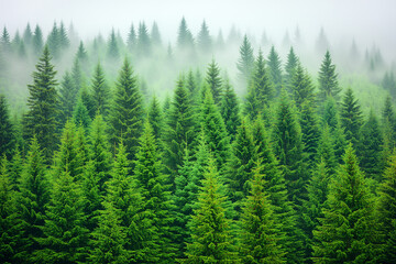 Obraz premium Lush Green Fir Forest Landscape Surrounded by Mystical Fog and Tranquil Atmosphere Ideal for Nature Photography and Outdoor Themes