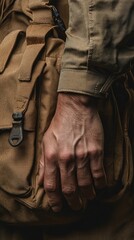 A rucker grips a tactical bag with a firm hand, showcasing strength and focus during an outdoor training session in a rugged environment