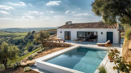 Fototapeta premium An aerial view of the stone farmhouse, with white walls and a roof with blue tiles, surrounded by olive trees and vineyards on an organic farm in a modern architectural and a swimming pool.
