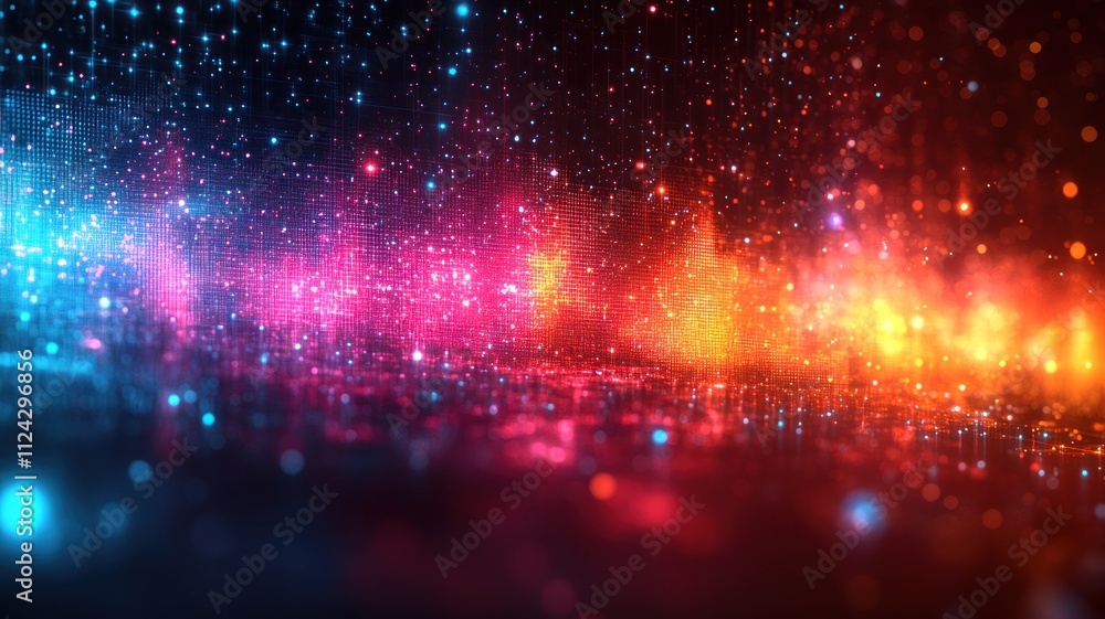 Poster vibrant abstract background with colorful glowing particles.