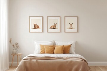 A minimalistic bedroom interior with simple furnishings and a cozy bed