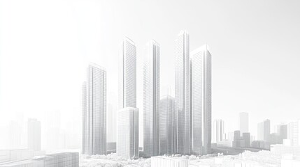 Monochromatic cityscape of skyscrapers on a hazy day.