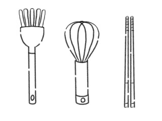 【線画】キッチンツール＿ハケ、泡だて器、菜箸