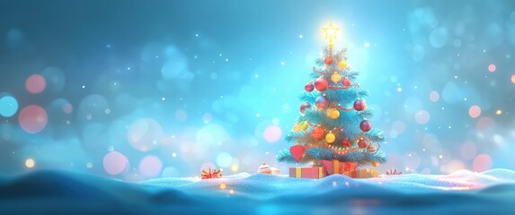 Beautifully Decorated Christmas Tree with Colorful Ornaments and Gifts Underneath Sparkling in a Winter Wonderland Setting with Soft Blue Background