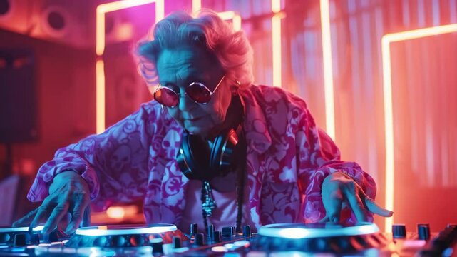 Senior woman dj in modern clothes mixing music in nightclub with colorful light
